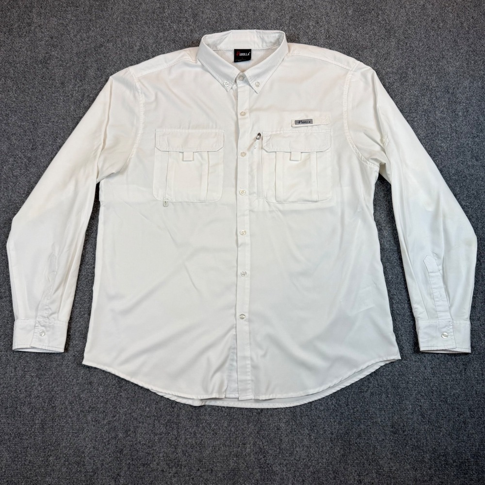 Pudolla Mens Long Sleeve Fishing Shirt White Ripstop UPF Button Down Large